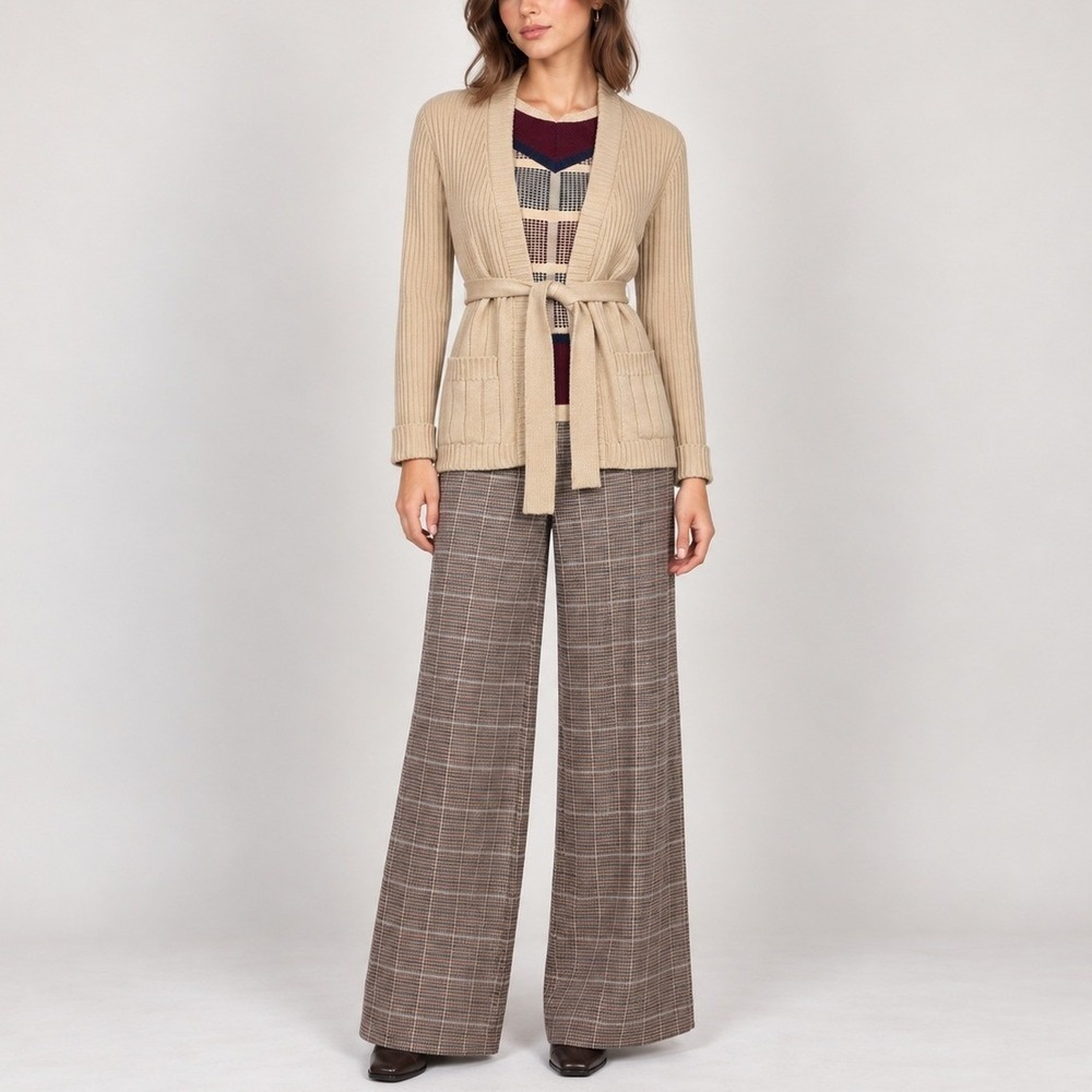 Banff Gianni Ferri 3 Piece Wool Plaid Pant Set 12 Tan Cardigan Academia Vtg 70s